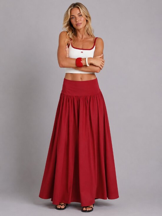Dresses & Skirts - Women's Red Cotton High Waist Pleated Maxi Skirt Flowy Boho Summer